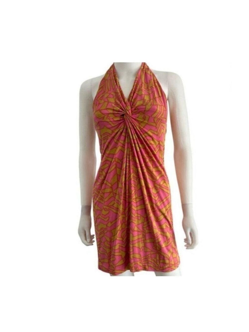 Trina Turk Halter Mini Dress Size 4 Pink & Gold Silk